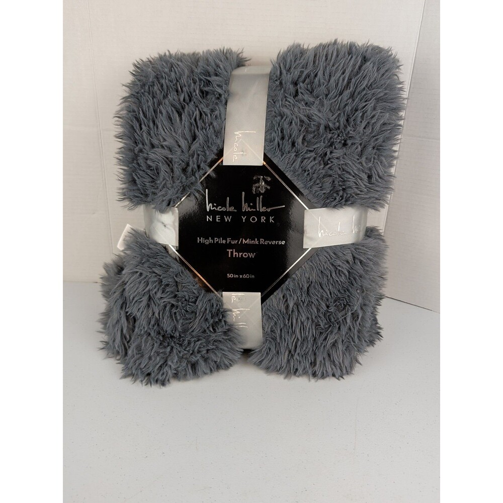 Nicole Miller Faux High Pile  Fur Throw 50” by 60 Gray NWT